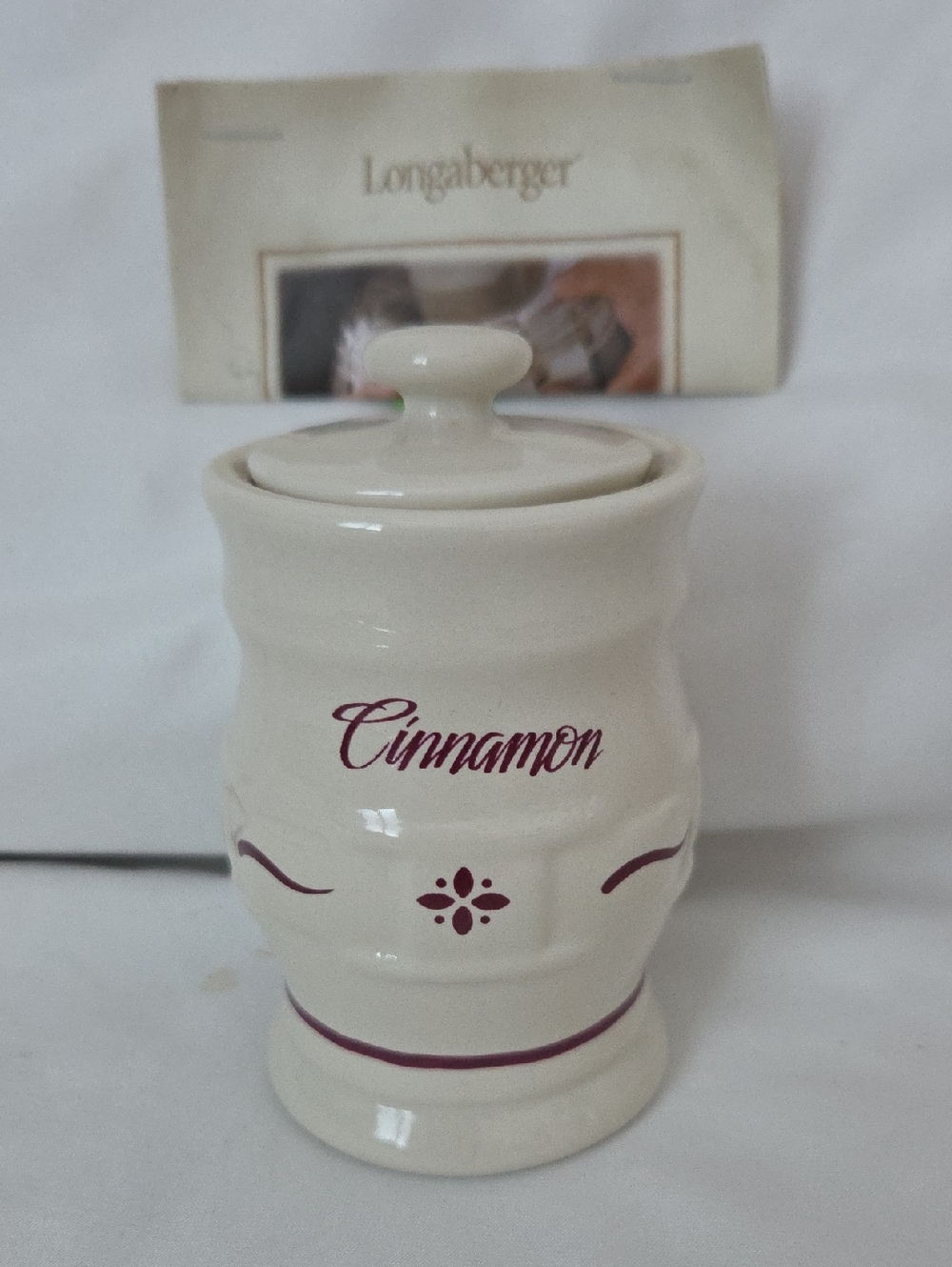 Longaberger Cream Cinnamon Pottery Jar with Burgundy Script